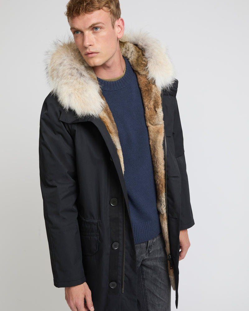 Long iconic parka in technical cotton and fur - black - Yves Salomon