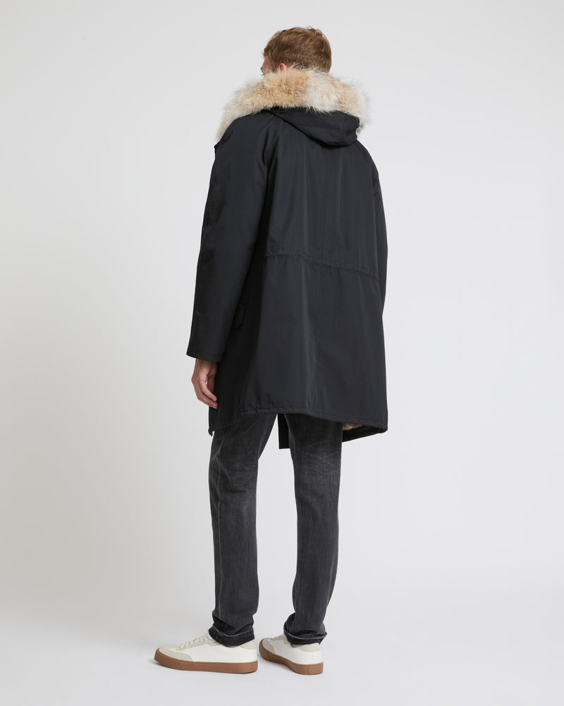 Long Iconic parka in technical cotton with coyote and rabbit fur