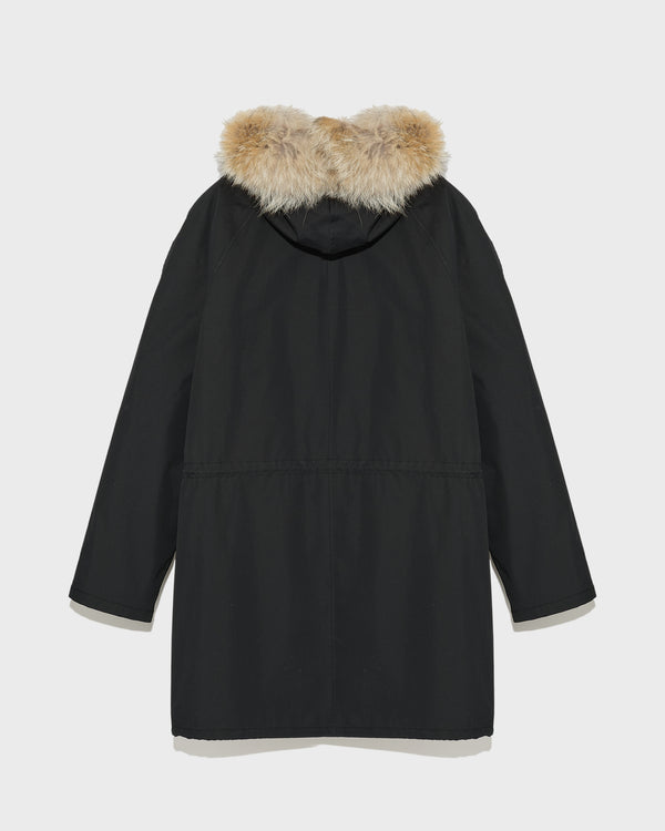 Long Iconic parka in technical cotton with coyote and rabbit fur