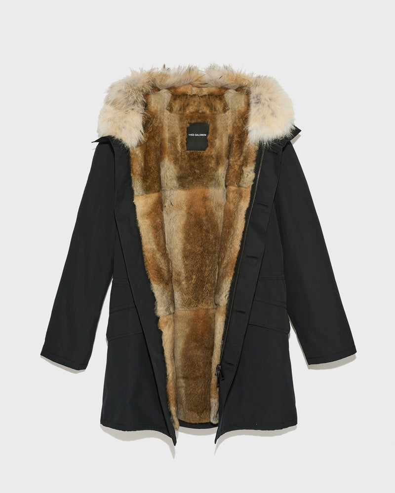 Long Iconic parka in technical cotton with coyote and rabbit fur