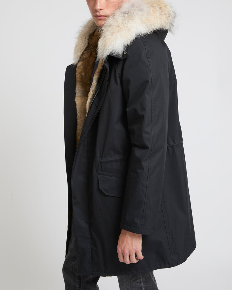 Long Iconic parka in technical cotton with coyote and rabbit fur