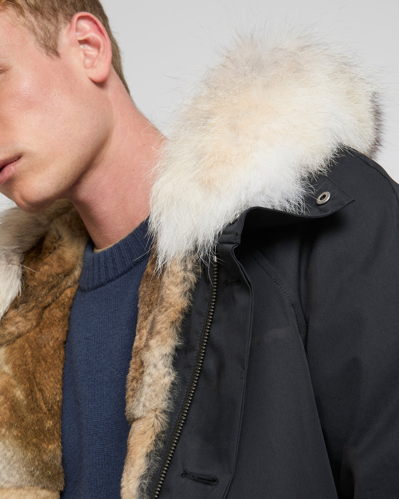 Long Iconic parka in technical cotton with coyote and rabbit fur