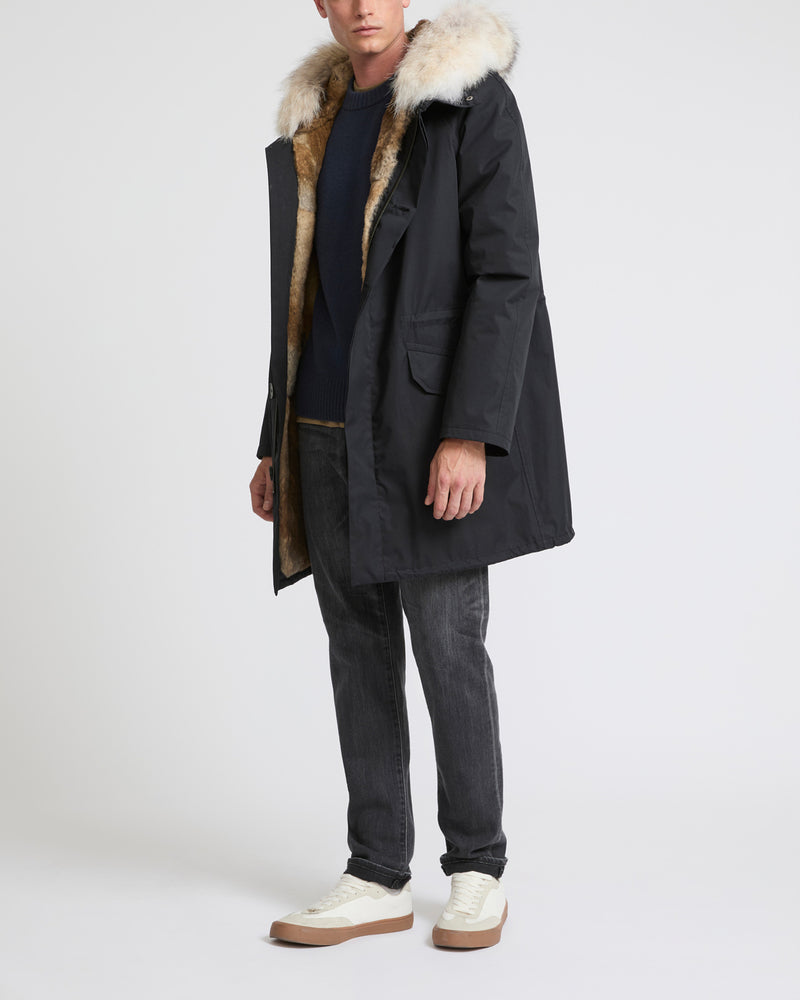 Long Iconic parka in technical cotton with coyote and rabbit fur