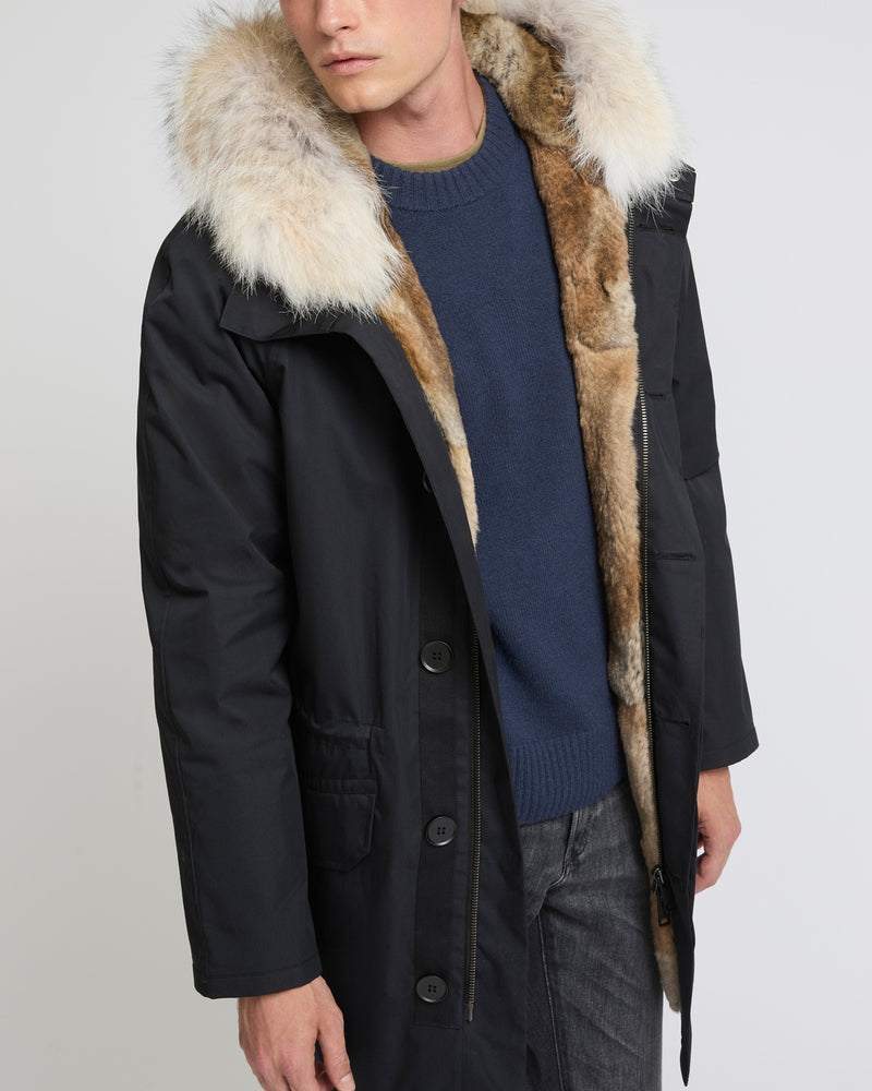 Long Iconic parka in technical cotton with coyote and rabbit fur