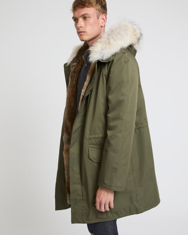 Long iconic parka in technical cotton and fur - khaki - Yves Salomon