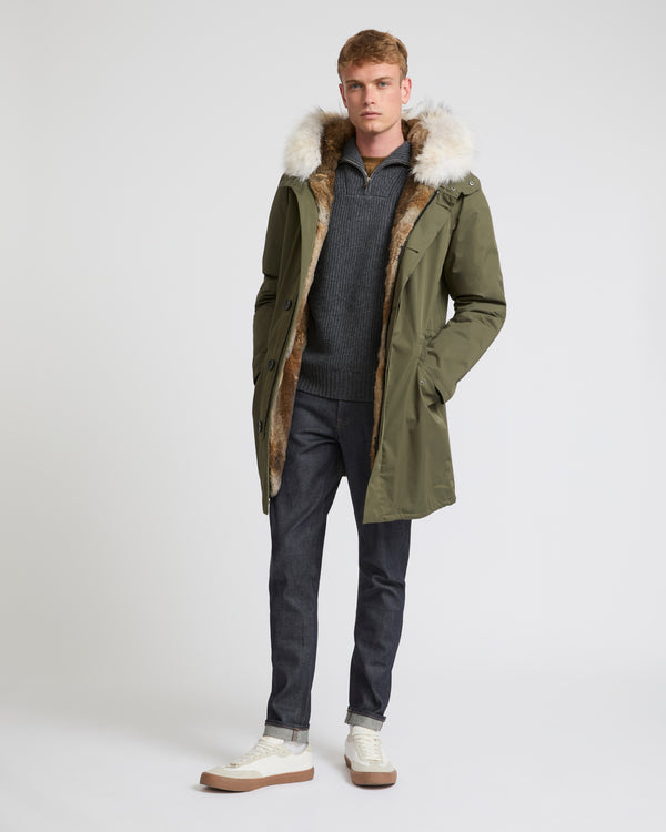 Long iconic parka in technical cotton and fur