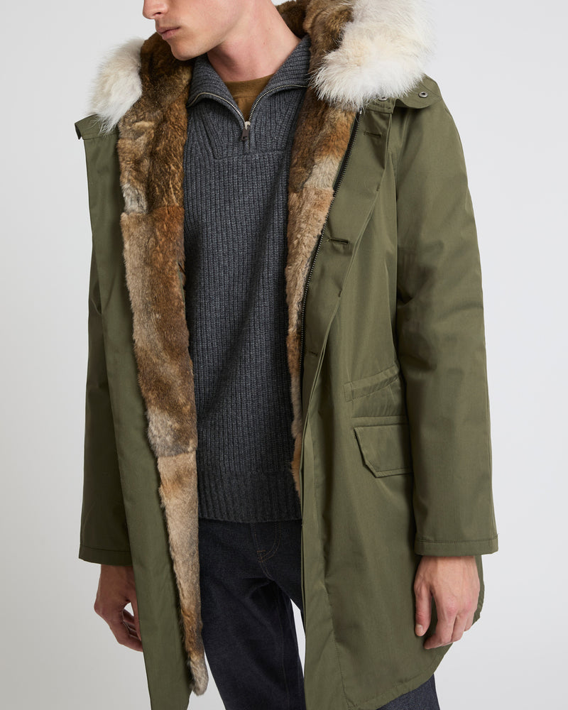 Long Iconic parka in technical cotton with coyote and rabbit fur