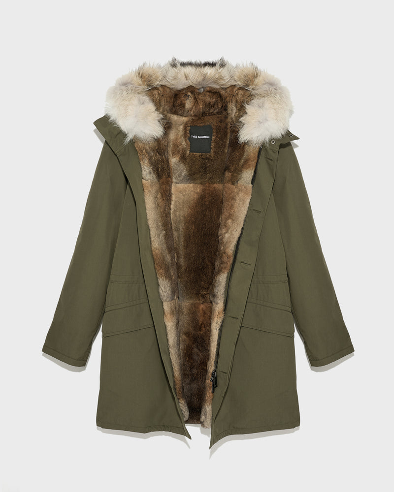 Long Iconic parka in technical cotton with coyote and rabbit fur