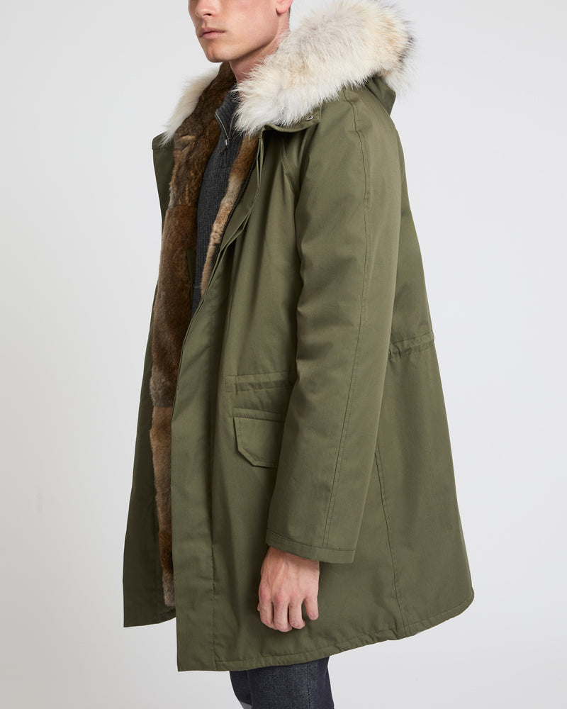 Long Iconic parka in technical cotton with coyote and rabbit fur