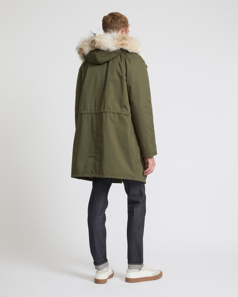 Long Iconic parka in technical cotton with coyote and rabbit fur