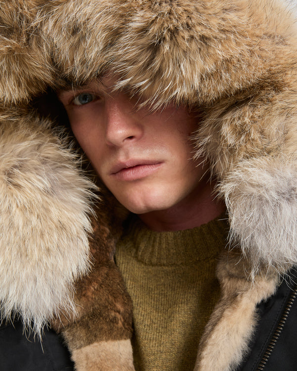 Short iconic parka in technical cotton and fur