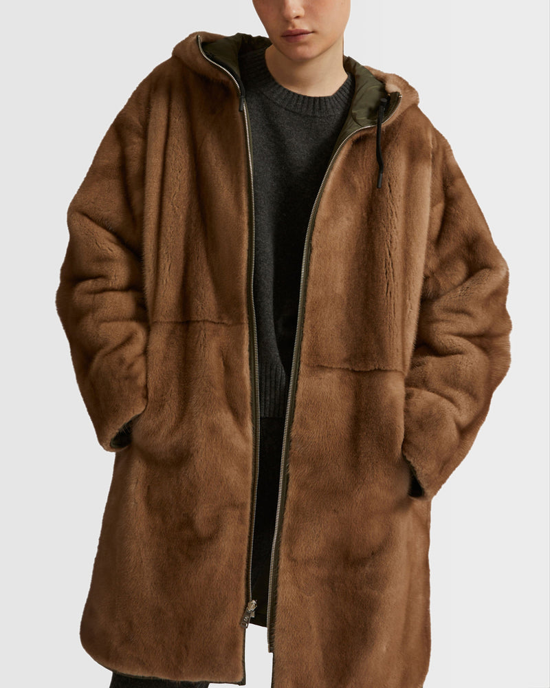 Long reversible parka in technical fabric and mink fur