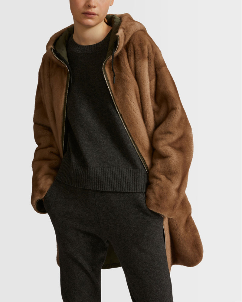 Long reversible parka in technical fabric and mink fur