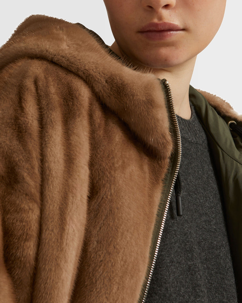 Long reversible parka in technical fabric and mink fur