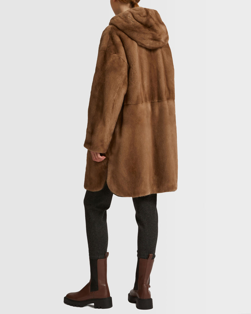 Long reversible parka in technical fabric and mink fur