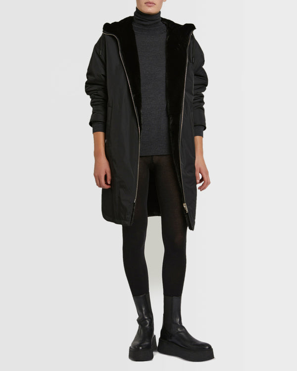 Long reversible parka in technical fabric and mink fur