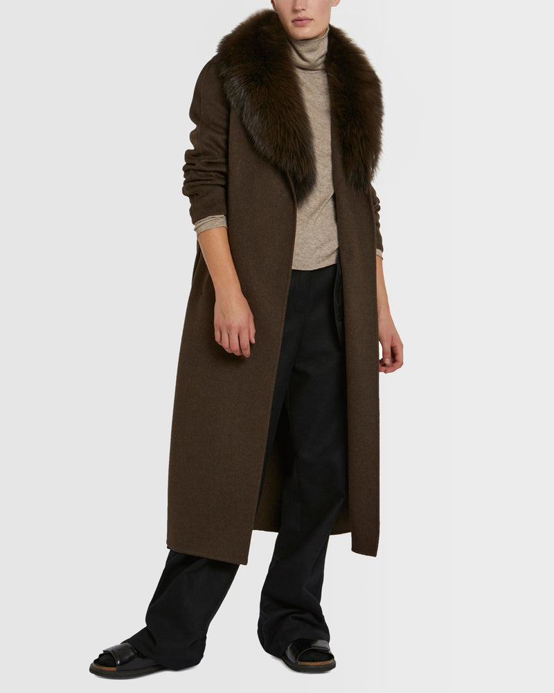 Long cashmere wool coat with fox fur collar