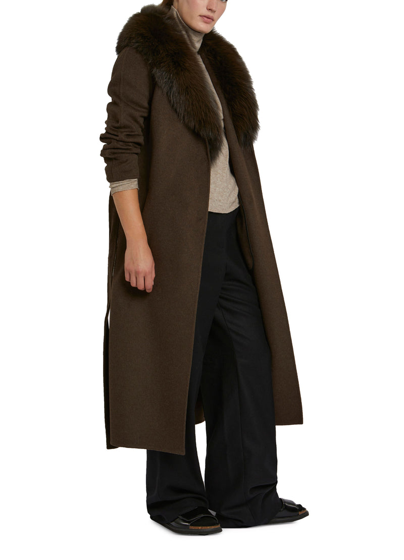 Long cashmere wool coat with fox fur collar