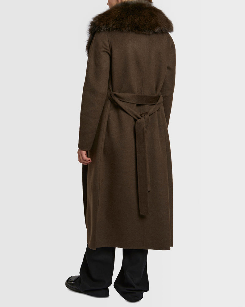 Long cashmere wool coat with fox fur collar