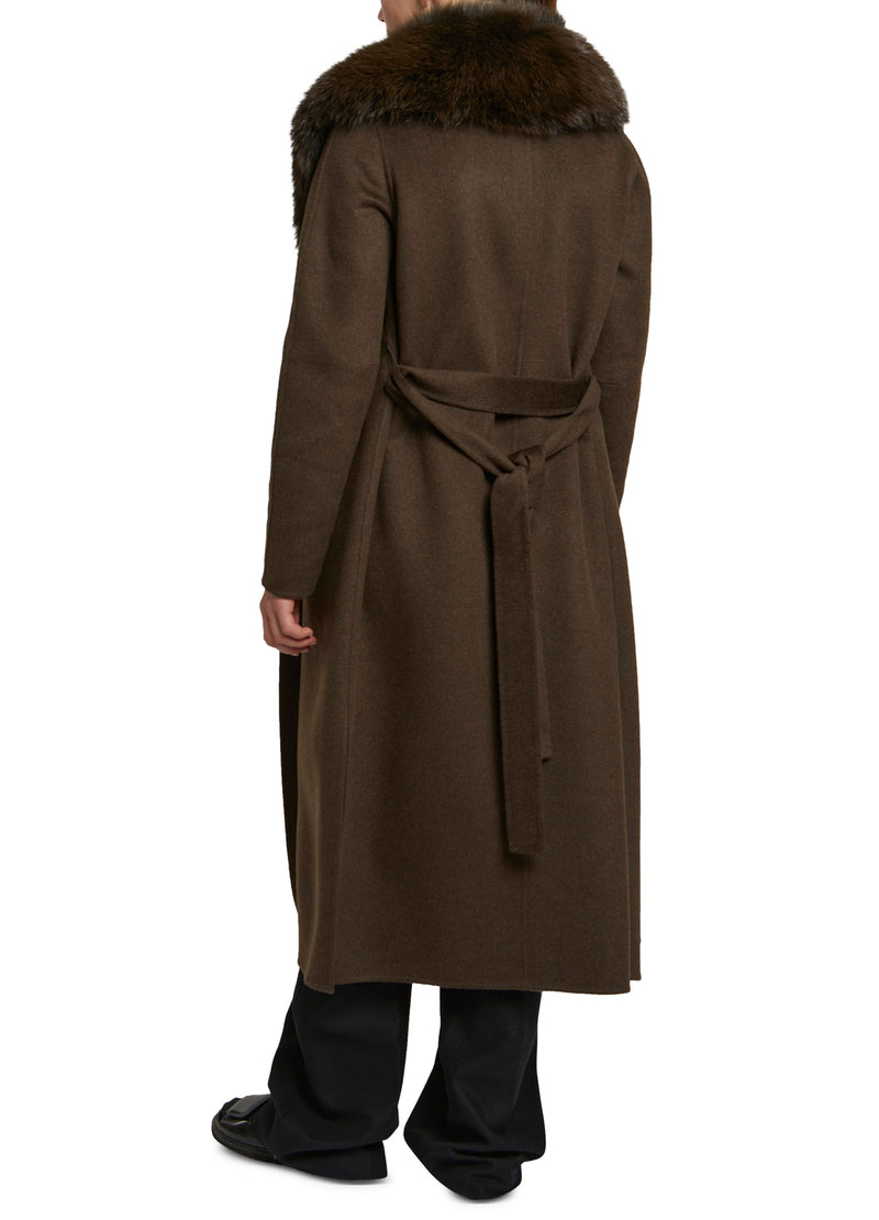 Long cashmere wool coat with fox fur collar