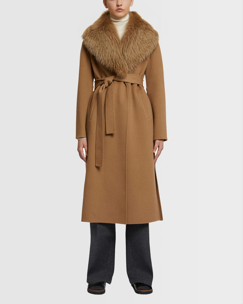 Long cashmere wool coat with fox fur collar