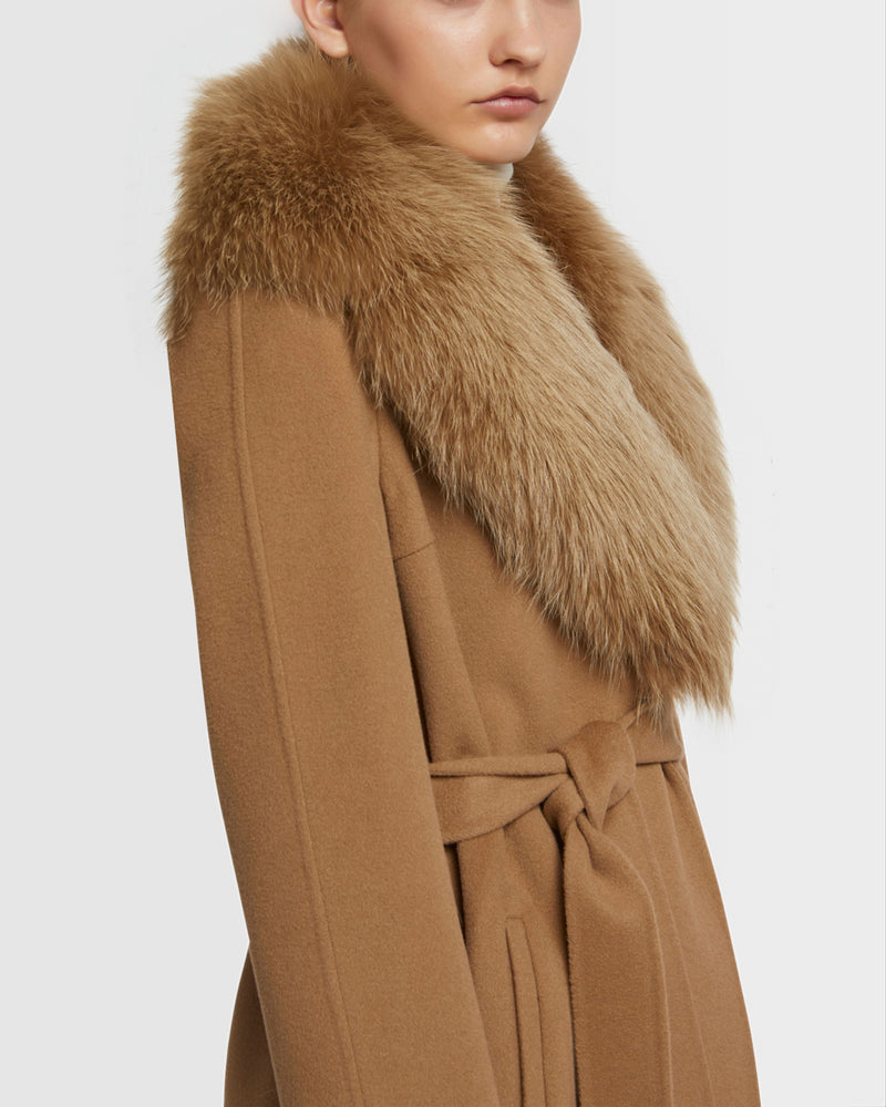 Long cashmere wool coat with fox fur collar