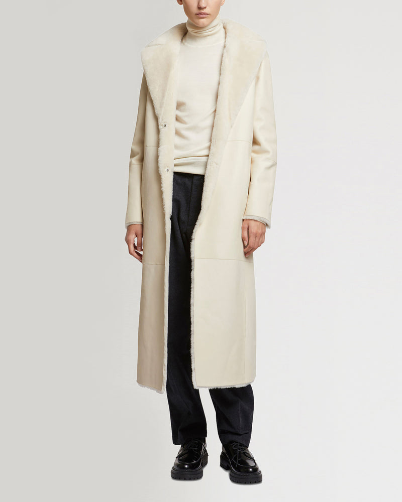 Long reversible belted shearling coat