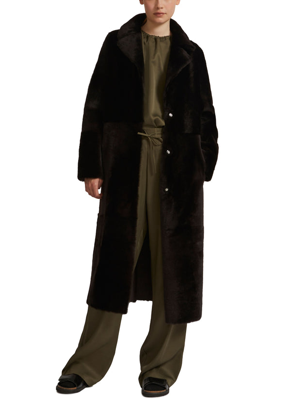 Long reversible belted shearling coat