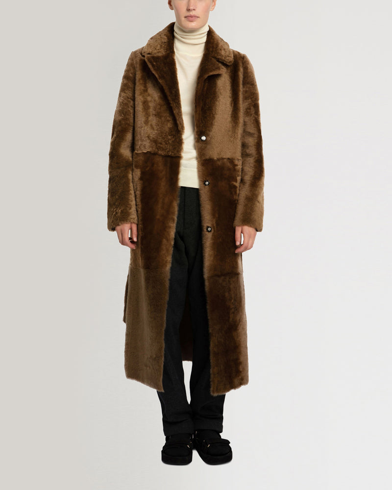 Long reversible belted shearling coat