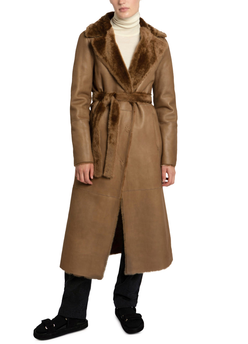 Long reversible belted shearling coat