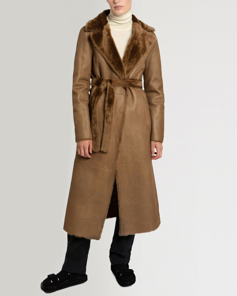 Long reversible belted shearling coat