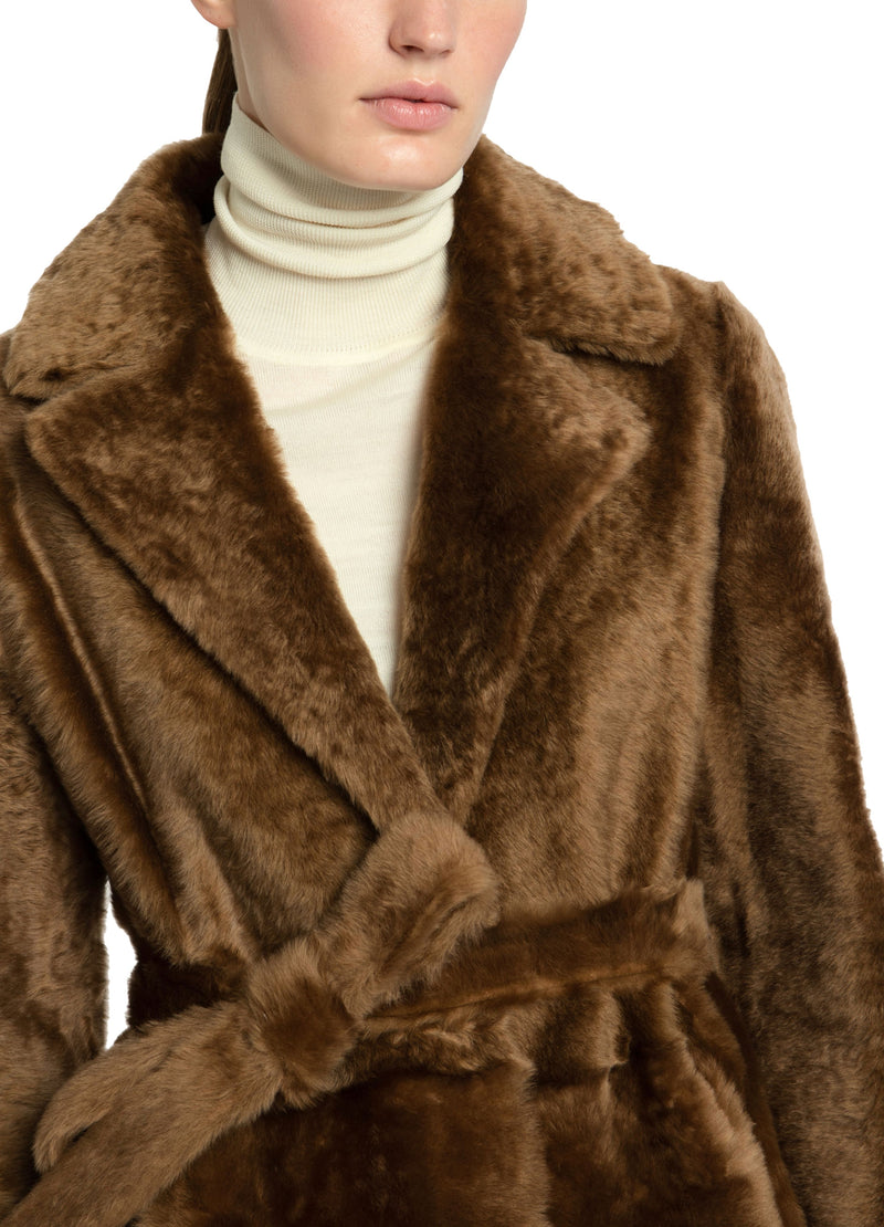 Long reversible belted shearling coat