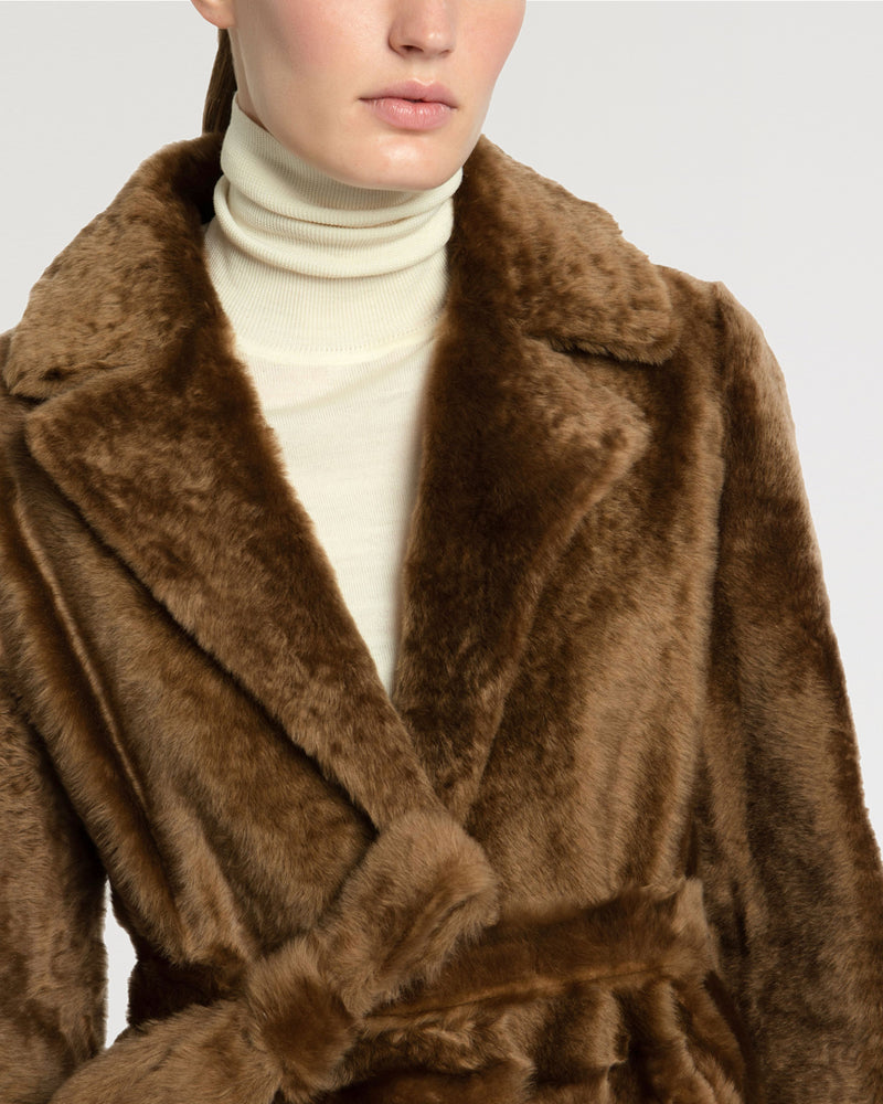 Long reversible belted shearling coat