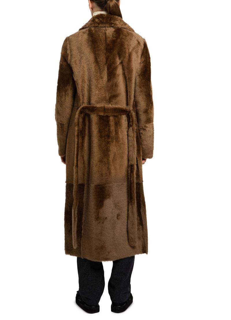 Long reversible belted shearling coat