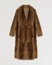 Long reversible belted shearling coat