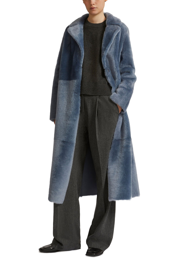 Long reversible belted shearling coat