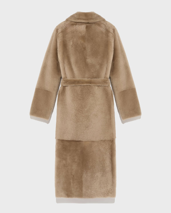 Long reversible belted shearling coat