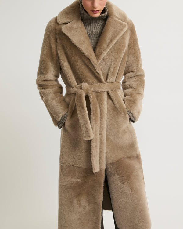 Long reversible belted shearling coat