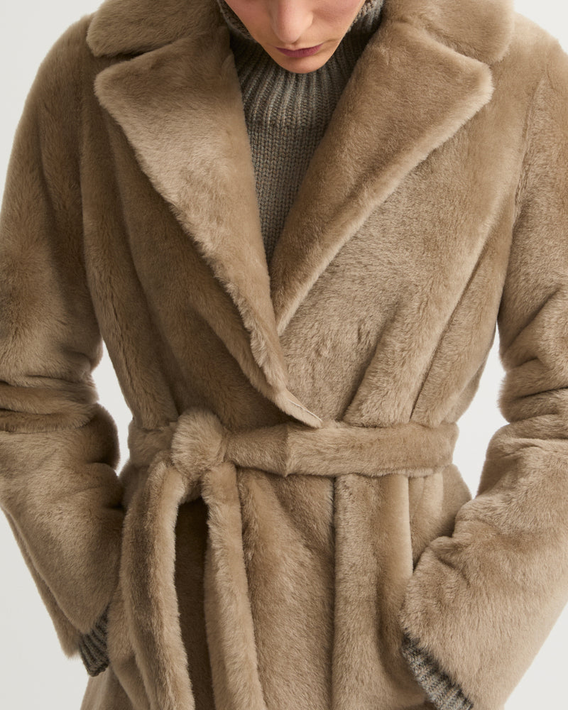 Long reversible belted shearling coat