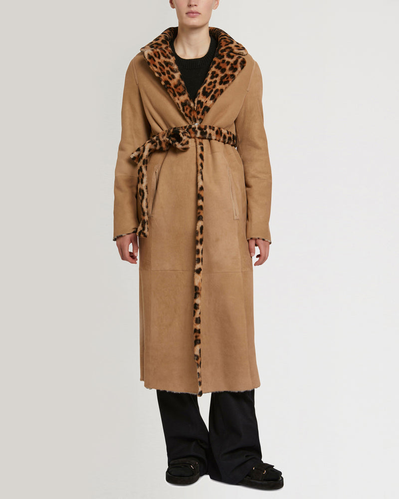 Long reversible belted shearling coat