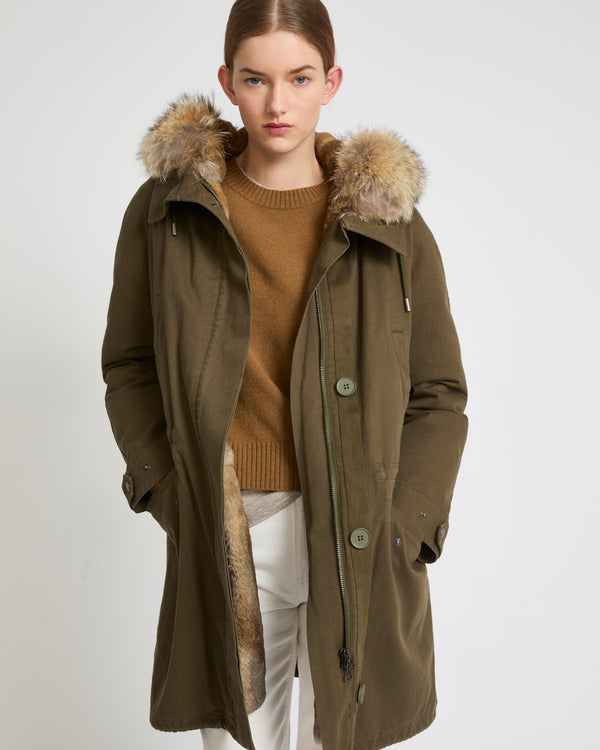 Long cotton gabardine parka with coyote and rabbit fur - khaki - Yves Salomon