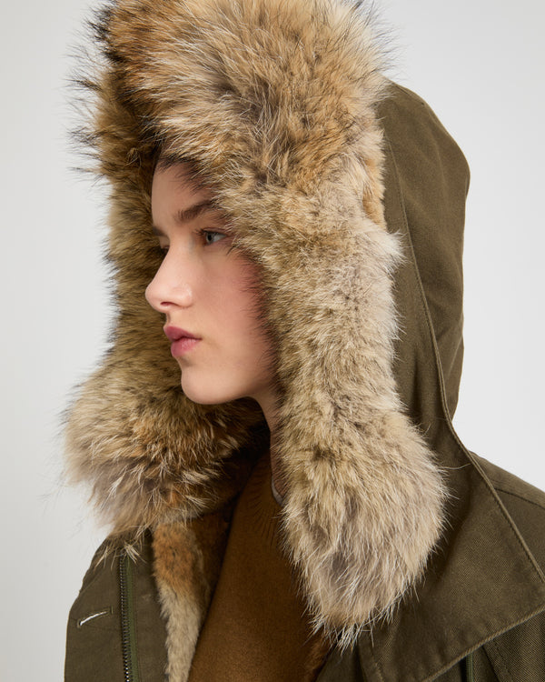 Long cotton gabardine parka with coyote and rabbit fur - khaki - Yves Salomon