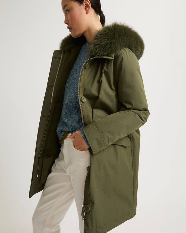 Regular parka in waterproof cotton blend with fox and rabbit fur - khaki green - Yves Salomon