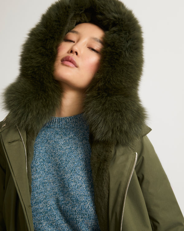 Regular parka in waterproof cotton blend with fox and rabbit fur - khaki green - Yves Salomon