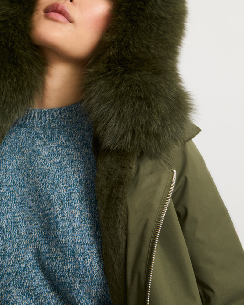 Long Iconic parka in waterproof cotton blend with fox and rabbit fur