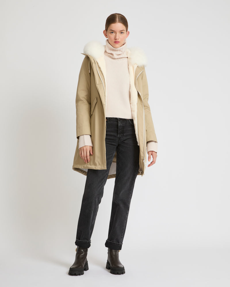 Regular parka in waterproof cotton blend with fox and rabbit fur - beige