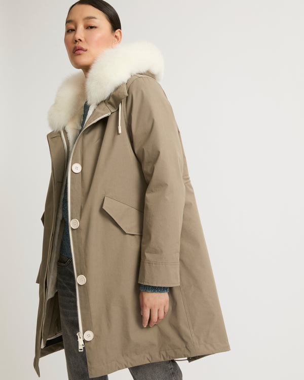 Regular parka in waterproof cotton blend with fox and rabbit fur - light beige - Yves Salomon