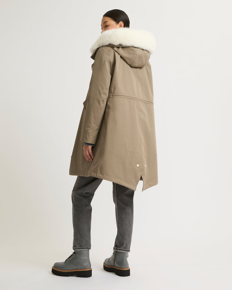 Regular parka in waterproof cotton blend with fox and rabbit fur - light beige - Yves Salomon