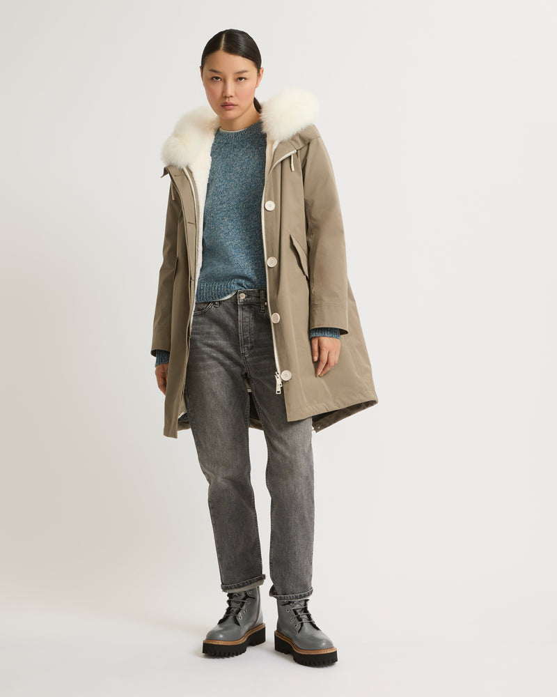 Regular parka in waterproof cotton blend with fox and rabbit fur - light beige - Yves Salomon