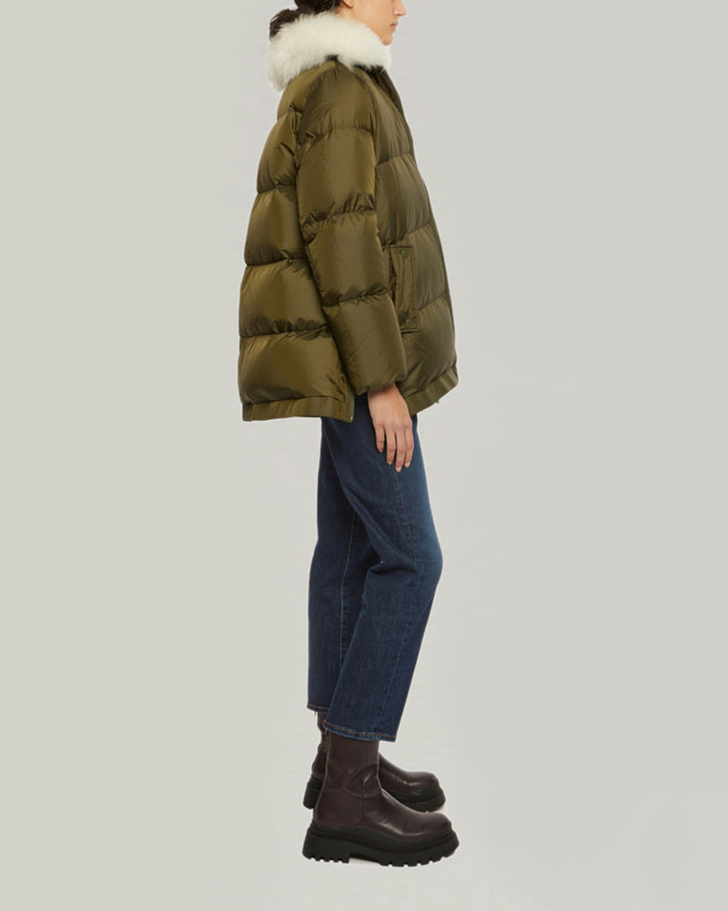 "A" line down jacket with lambskin collar in vaporous wool